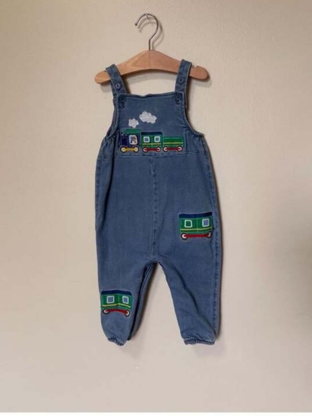 Baby Boden Blue Train Embroidered Denim Overalls Jumpsuit